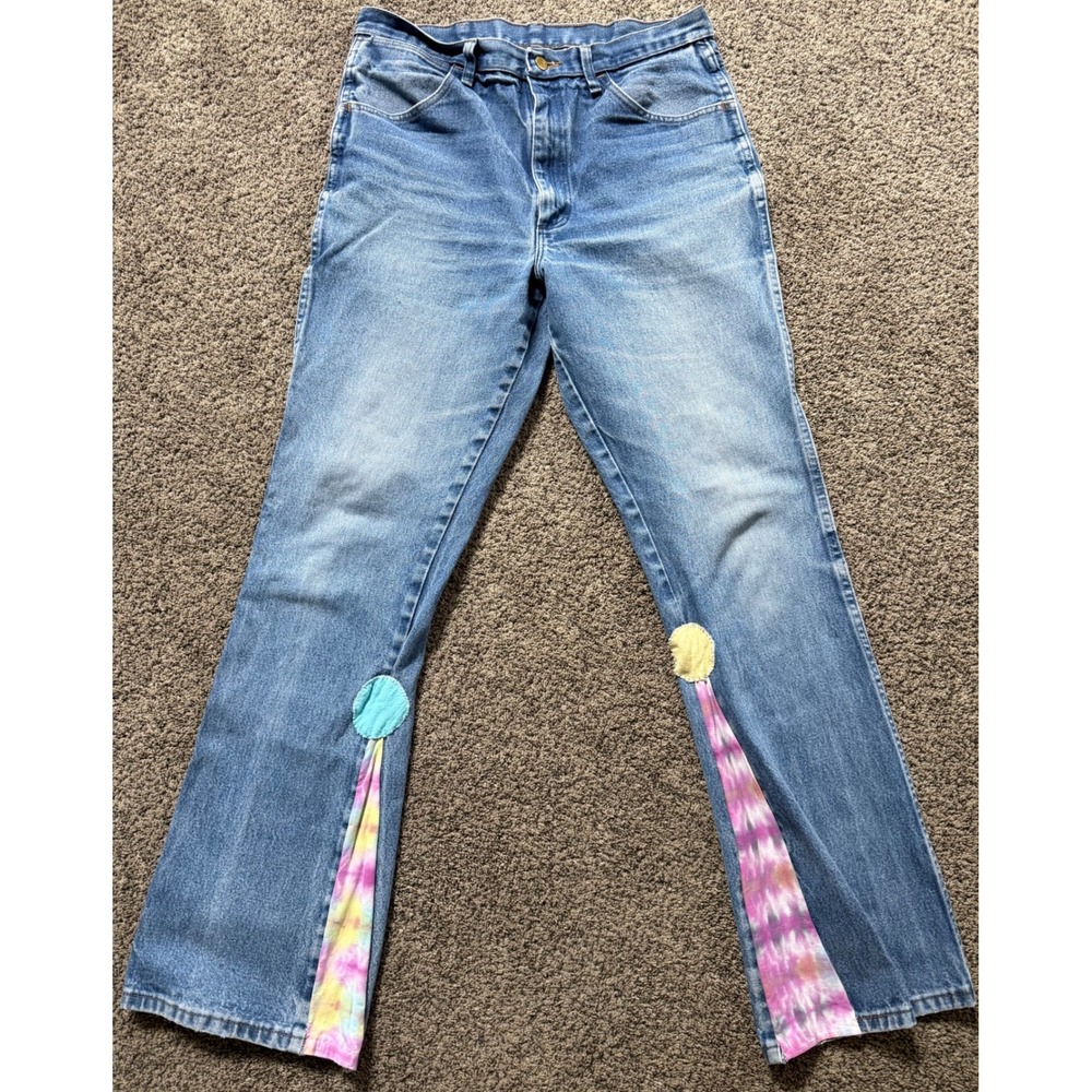 Wrangler Custom Tie Dye Flare Jeans Light Wash High Waisted Denim Boho 35x36